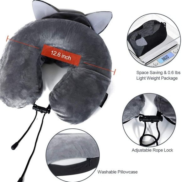 Memory Foam Neck Travel Pillow with Wolf Hood New - Picture 5 of 6
